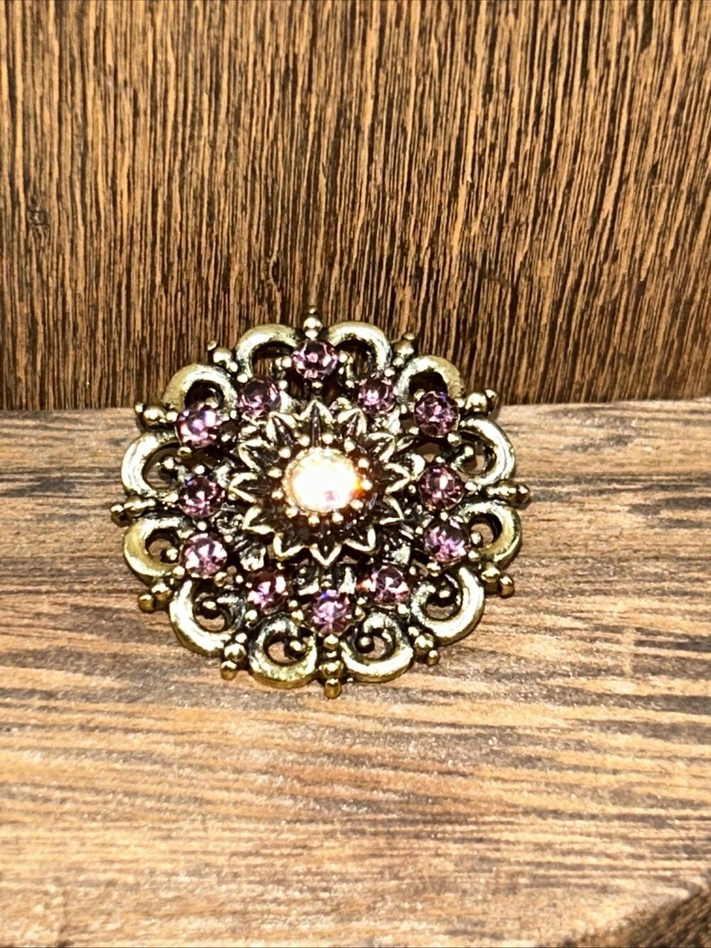 Modern Costume Jewelry Gold Tone Mandala Pin Brooch 1 1/4” Purple Stones